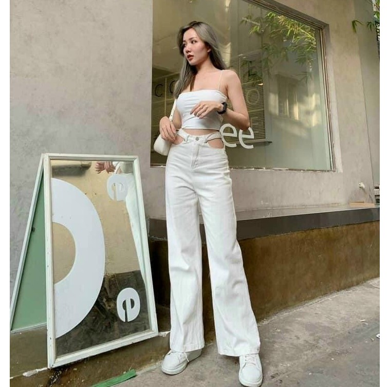 Set trang phục quần ống suống khoét eo mix áo thun 2 dây croptop 4YOUNG FASHION ST35