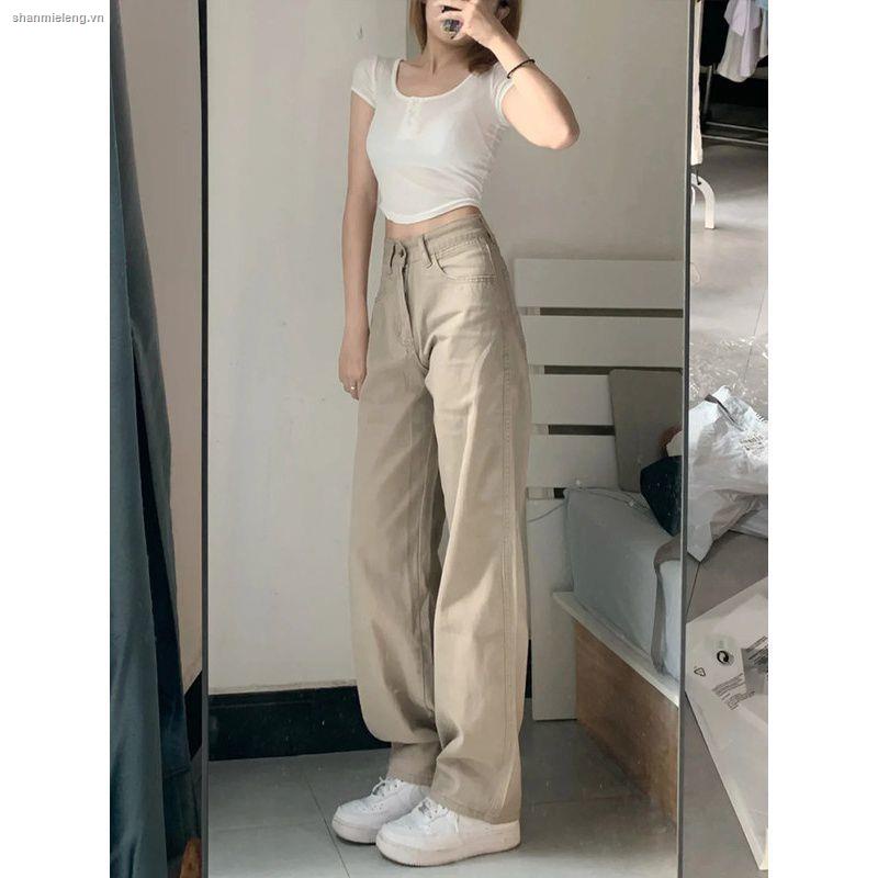 Quần jean ống rộng lưng cao kiểu mới thời trang cho nữ màu nâu sữa hot trend đi học đi làm đi chơi phong cách Hàn Quốc