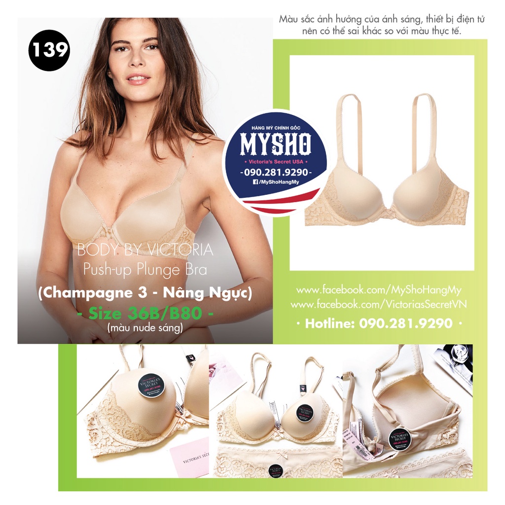 [36B/B80] Áo Lót (139) BBV Push-up Plunge Bra (Champagne) Nâng Ngực