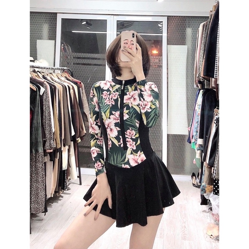 Bikini đồ bơi đi biển một mảnh dây kéo trước phối hoa tay dài form váy có quần lót BIKINISUNSHINE MS-P018