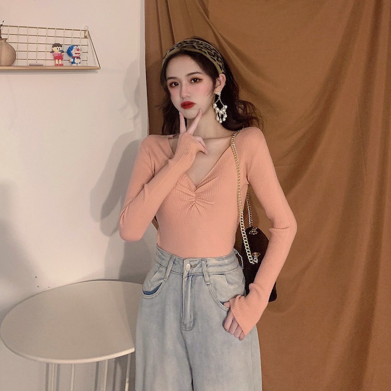 Áo Sweater Tay Dài Cổ Chữ V Form Ôm Phong Cách Hàn Quốc Dễ Phối Đồ Với 8 Màu Lựa Chọn | BigBuy360 - bigbuy360.vn