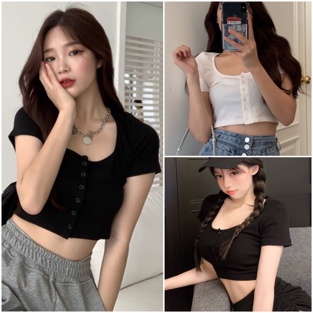 Áo croptop kiểu nữ Ulzzang tay ngắn, Áo thun croptop cộc dài nữ phong cách Hàn Quốc AT12