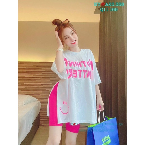 Áo vạt dài xẻ tà quần ngố hồng xinh xắn