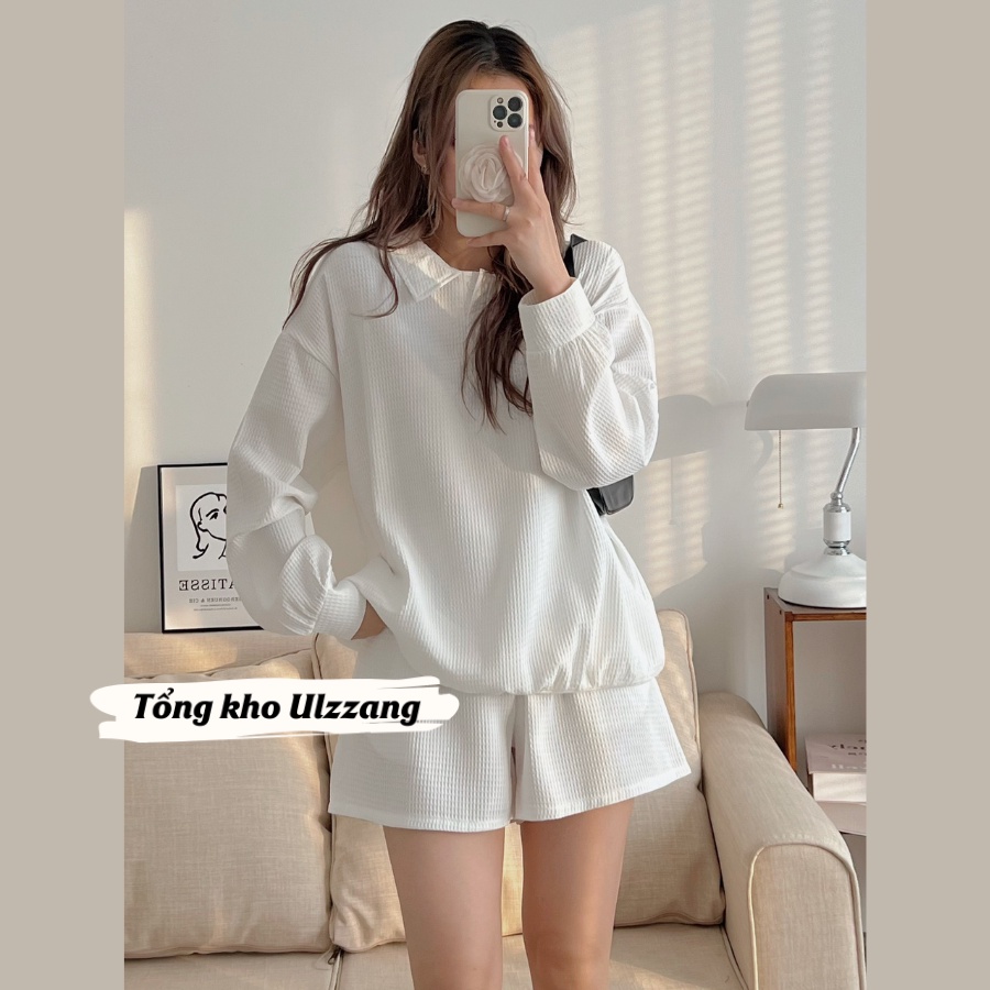 Set cotton tổ ong nữ áo dài tay cổ hai khuy mix quần short kiểu dáng năng động