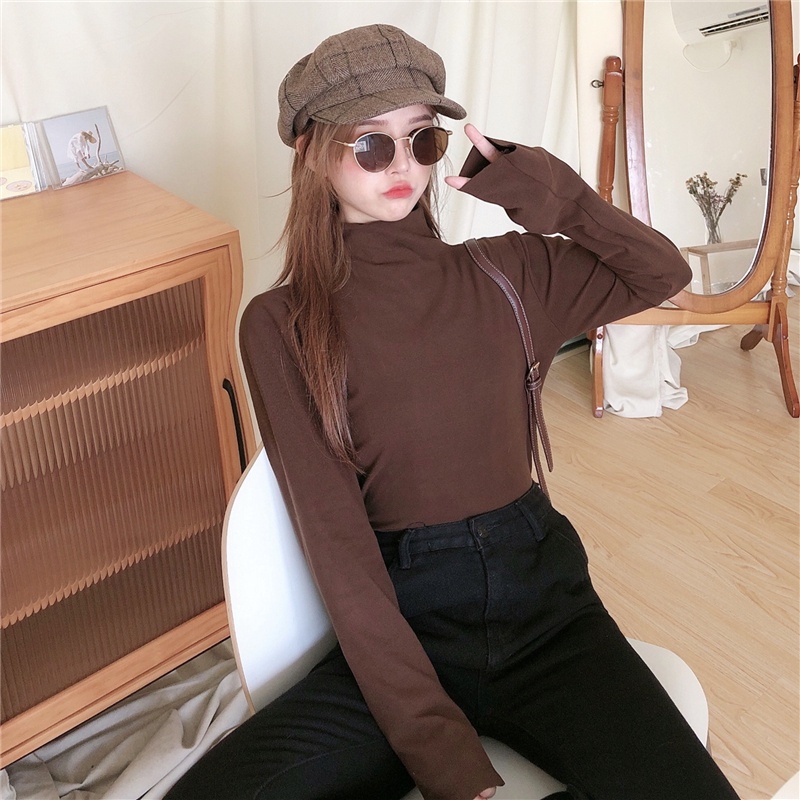 Áo thun tay dài cổ cao màu trơn kiểu dáng thời trang Hàn Quốc