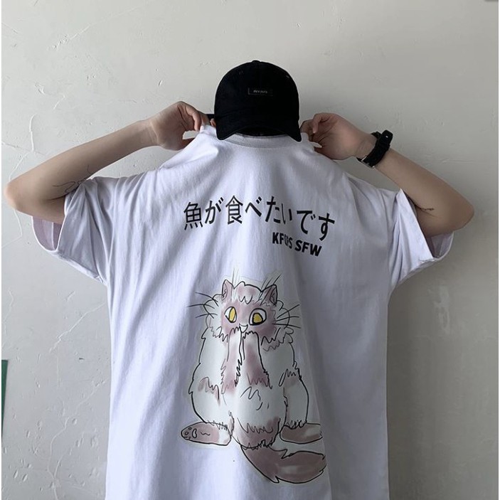 ÁO THUN, ÁO PHÔNG TAY LỠ UNISEX FORM RỘNG OVERSIZE CAT ANIME M256 KL SHOP