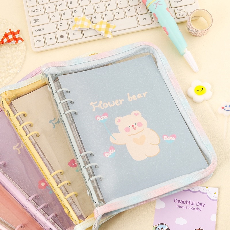 SỔ BINDER KHÓA KÉO A5 Glitter Flower Bear viền ombre (đọc mô tả)