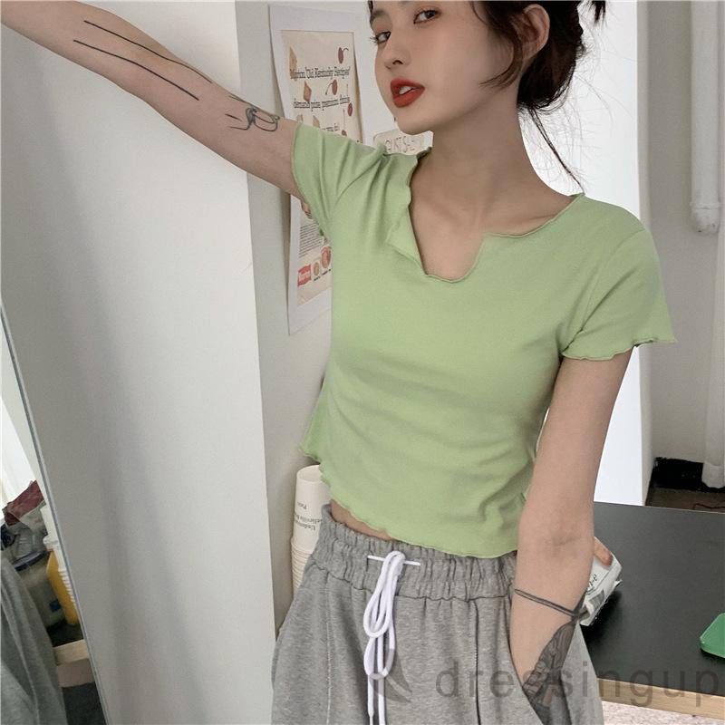 Áo Croptop Tay Ngắn Cổ Chữ V Màu Trơn Đơn Giản Phong Cách Croptop Màu Đen / Xanh Lá / Hồng / Trắng Cho Nữ