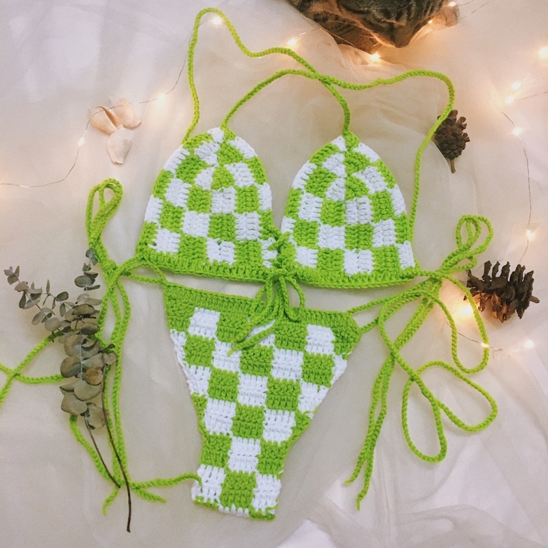 Set Bikini Caro Xanh Trắng, Bra Len Móc - xanhlanhes