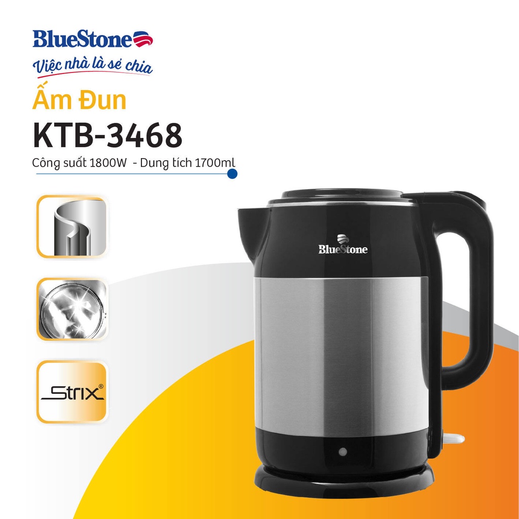 Âm đun siêu tốc BlueStone KTB-3468, 1.7Lit -1800w, 2 Lớp giữ nhiệt sang trọng, Hàng chính hãng