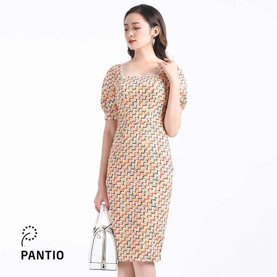 Đầm dạo phố tay ngắn cổ vuông pha hoạ tiết FDP52410 - PANTIO