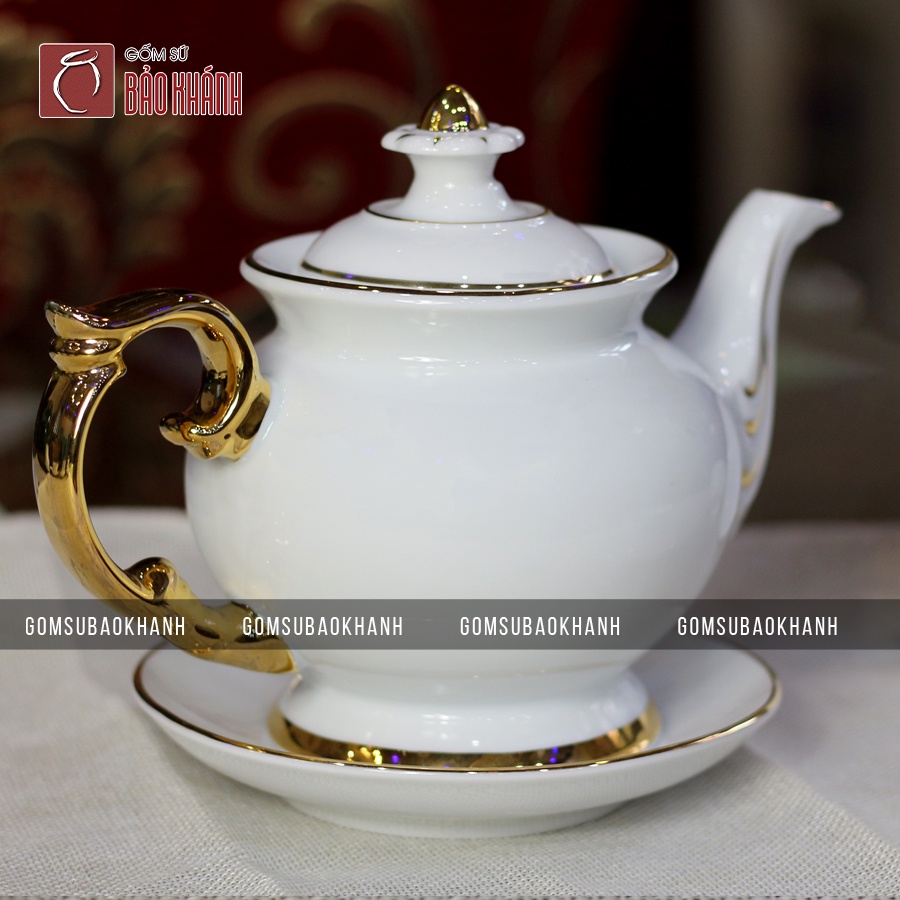 Bộ ấm chén men trắng Cát Tường cao cấp gốm sứ Bảo Khánh bình uống trà