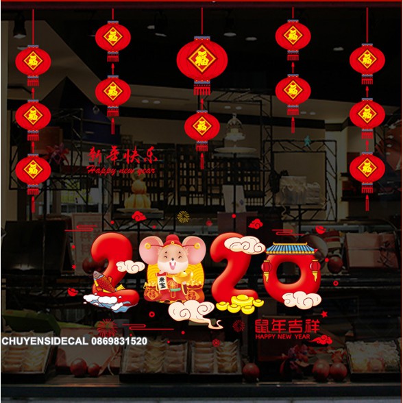 COMBO DECAL TẾT - Lồng đèn Mini phối 2020 trơn ( 2 tấm )