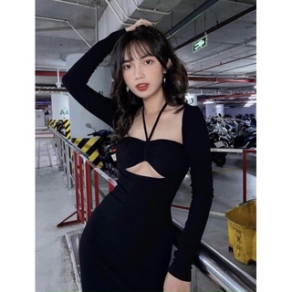 💚 Đầm body đen midi khoét ngực dây yếm 💚