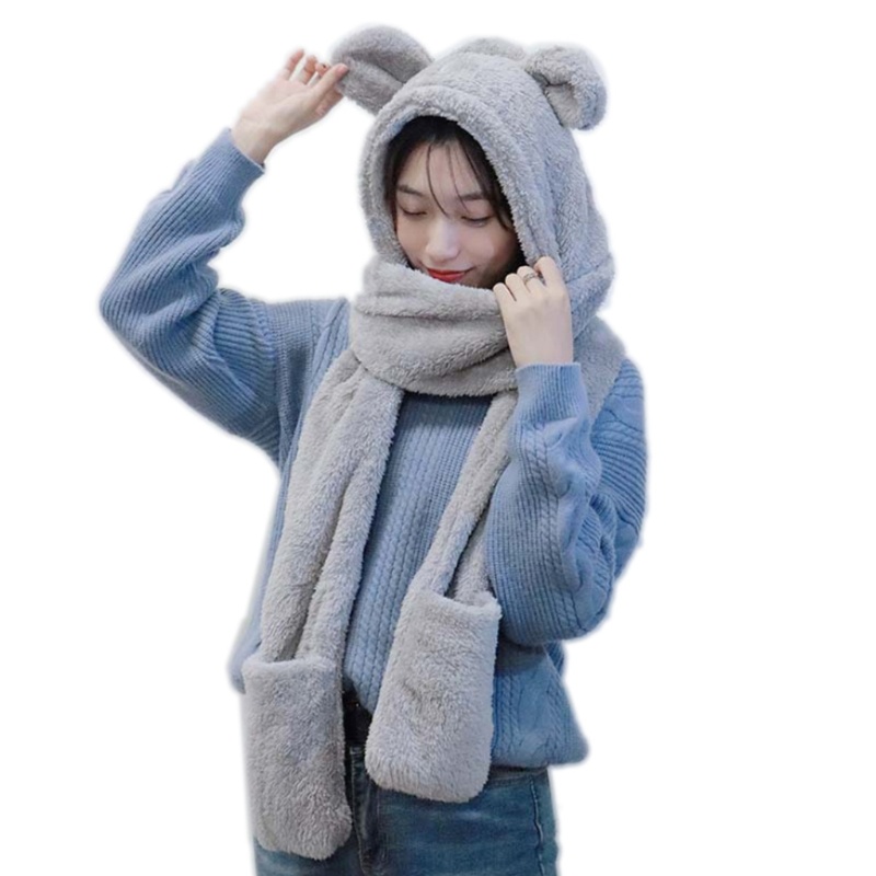 Mũ Trùm Đầu Kèm Khăn Choàng Cổ Hình Tai Gấu Bằng Vải Bông Giữ Ấm Mùa Đông Cho Nữ