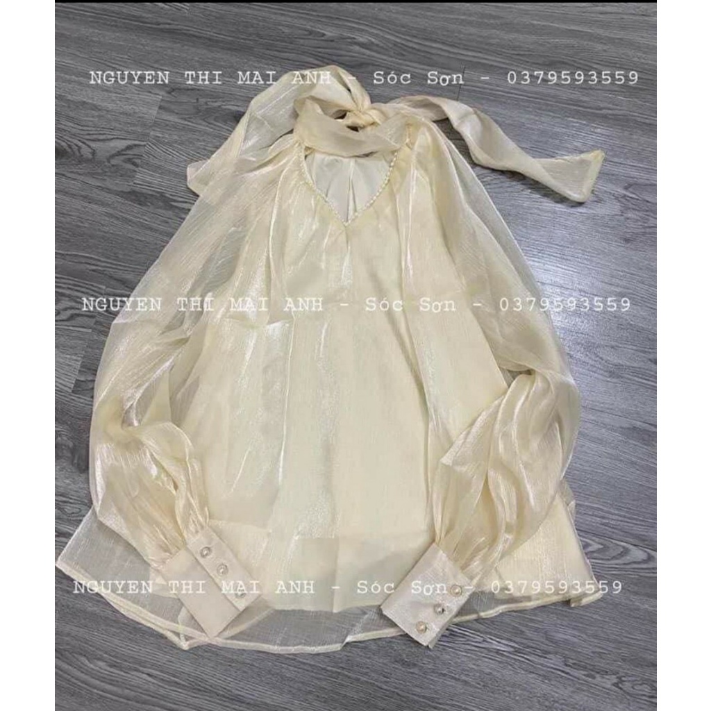 Áo tơ bèo tiểu thư 2 lớp form rộng bo cúc cổ tay chuỗi ngọc bigsize