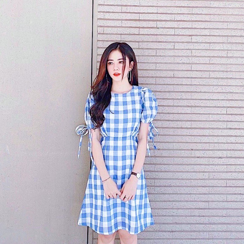 Đầm váy caro xanh tay bo