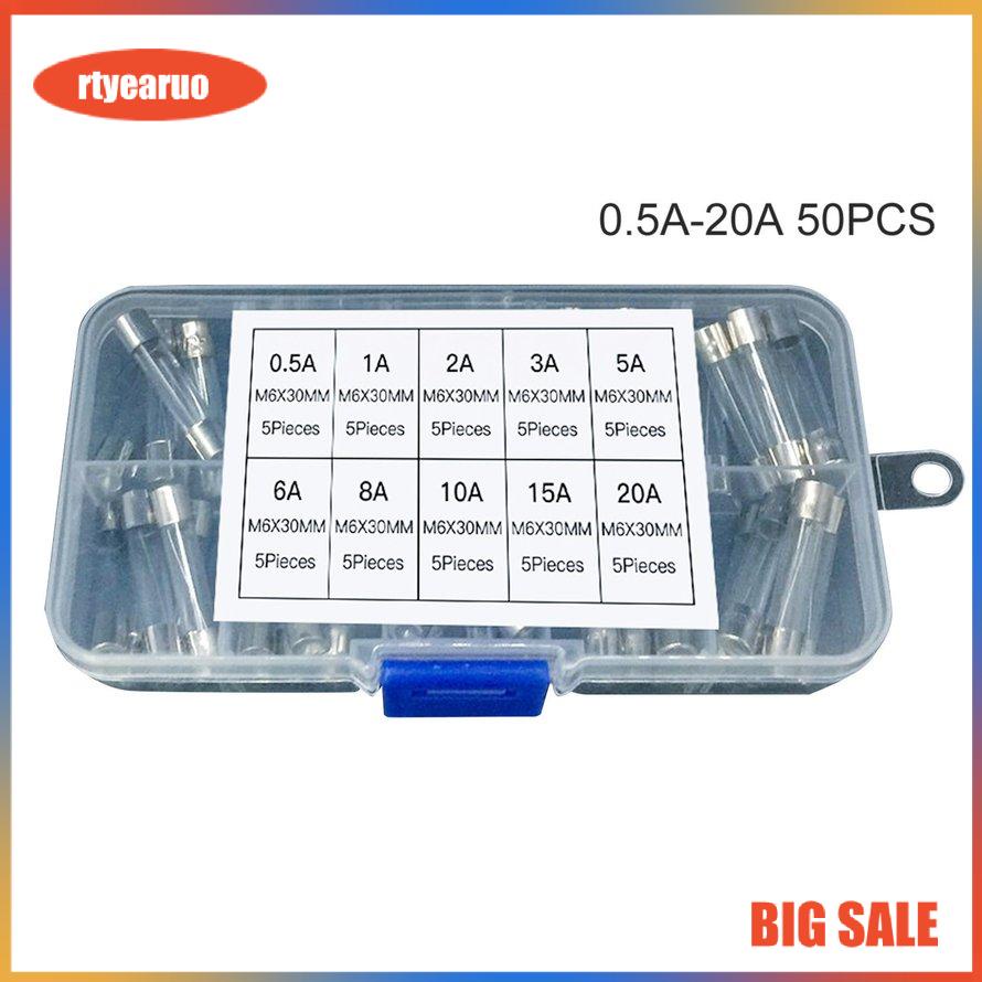 50PCS 6x30mm Fast Blow Fuse Glass Tube Fuse Assorted Mixed Kit Insurance Tube 0.5A/1A/2A/3A/5A/6A/8A/10A/15A/20A
