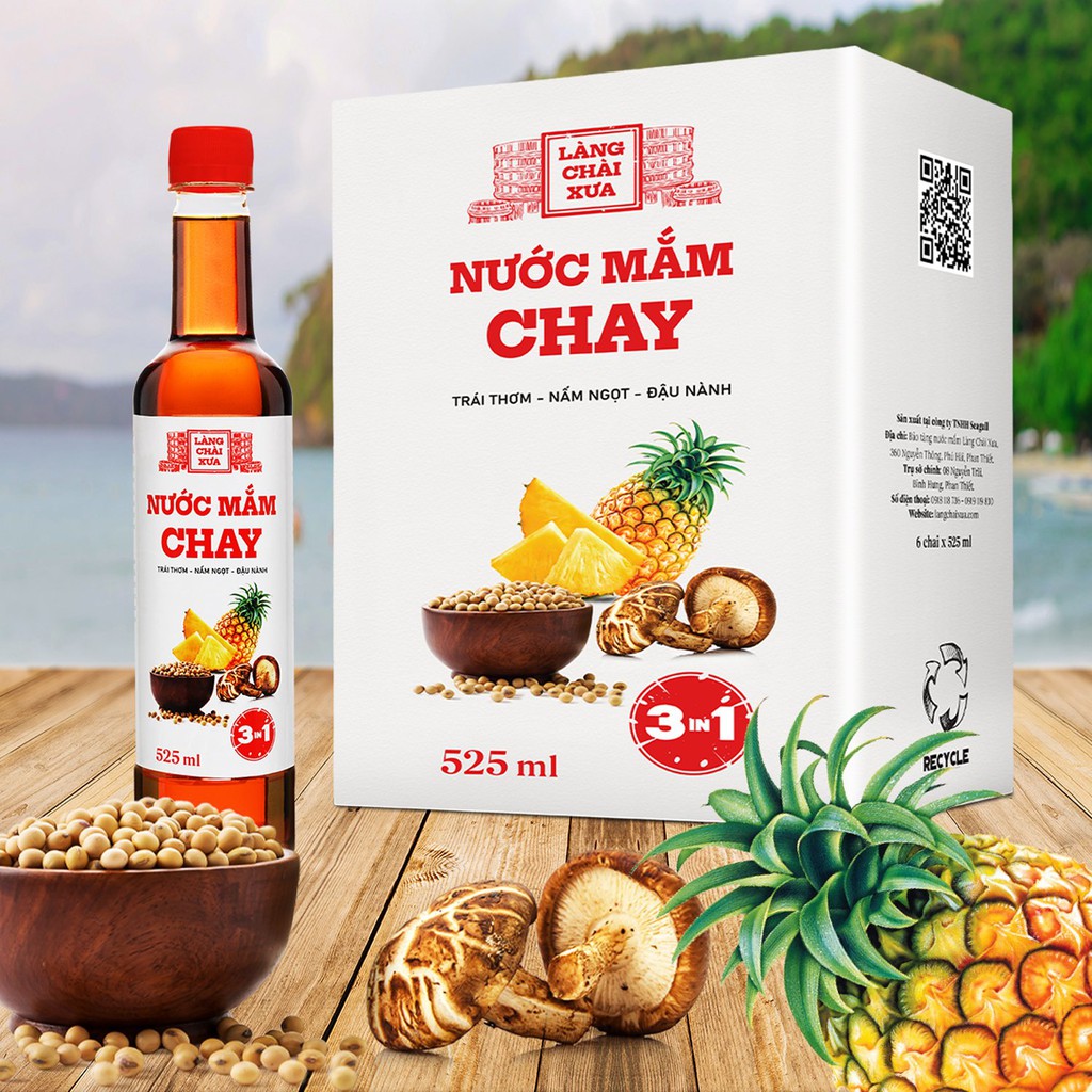 Thùng 6 chai nước mắm CHAY 3 trong 1 Làng Chài Xưa 525ml trái thơm nấm ngọt đậu nành 300 năm truyền thống