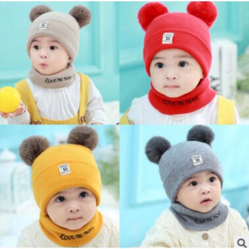 Set mũ kèm khăn len quả bông dày cho bé