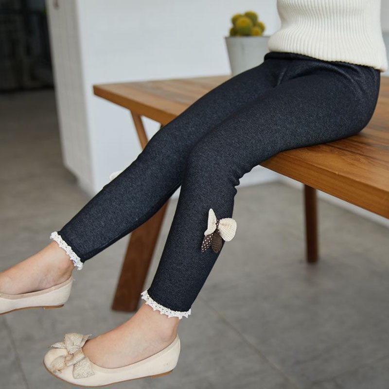 Quần Legging Jeans Phối Nhung Dày Đính Nơ Giữ Ấm Mùa Thu Đông Cho Bé Gái