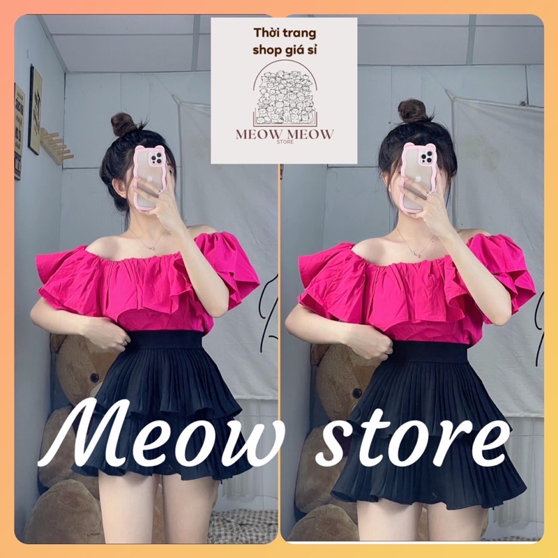 Áo kiểu trễ vai bèo nhún tầng croptop vải voan tiểu thư đi chơi