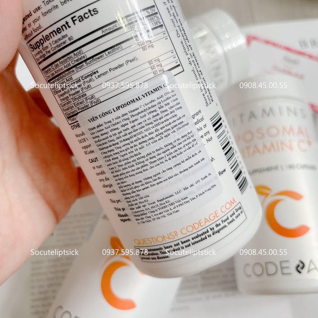 Viên Uống Liposomal Vitamin C CodeAge 180 viên hàng chính hãng