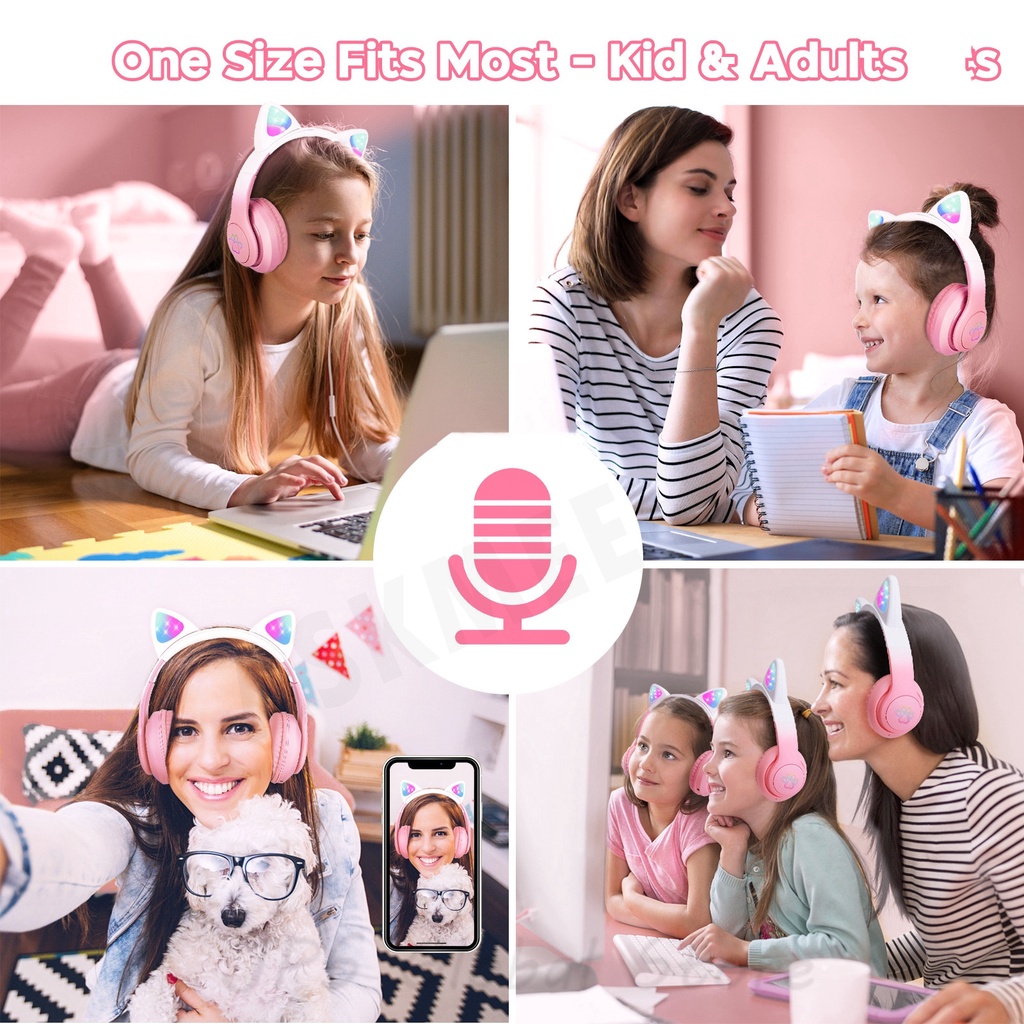 Tai Nghe Chụp Tai Bluetooth Không Dây Âm Thanh Nổi RGB Hình Tai Mèo Màu Gradient Có Mic Cho Bé Gái