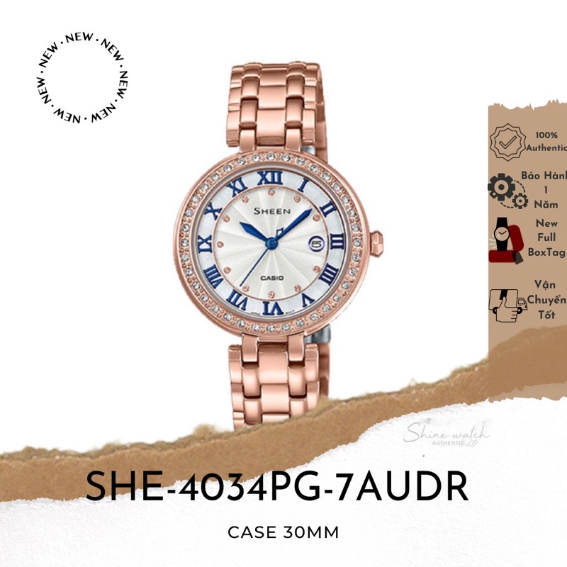 Đồng Hồ Nữ Casio Sheen SHE-4034PG-7AUDR Dây Kim Loại Mạ Vàng Hồng - Mặt Số La Mã Màu Xanh