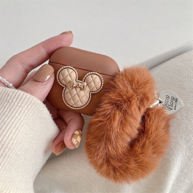 Case Airpods 1/2 /Pro Vỏ Ốp Tai Nghe Hình Mickey Nâu Kèm Cục Bông - Mr.Case AirPods