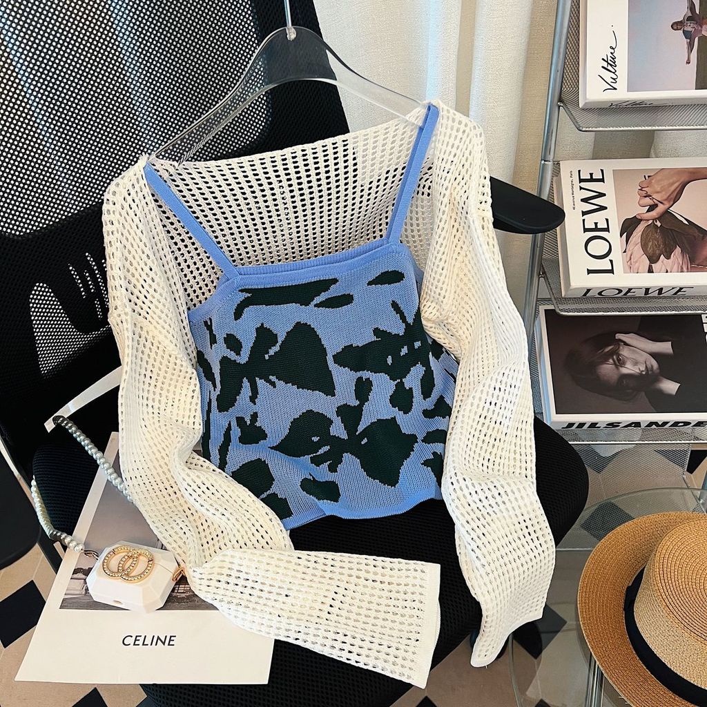 Bộ Áo Dệt Kim Hai Dây + Áo Khoác Dệt Kim Họa Tiết Hoa Màu Sắc Tương Phản Xinh Xắn