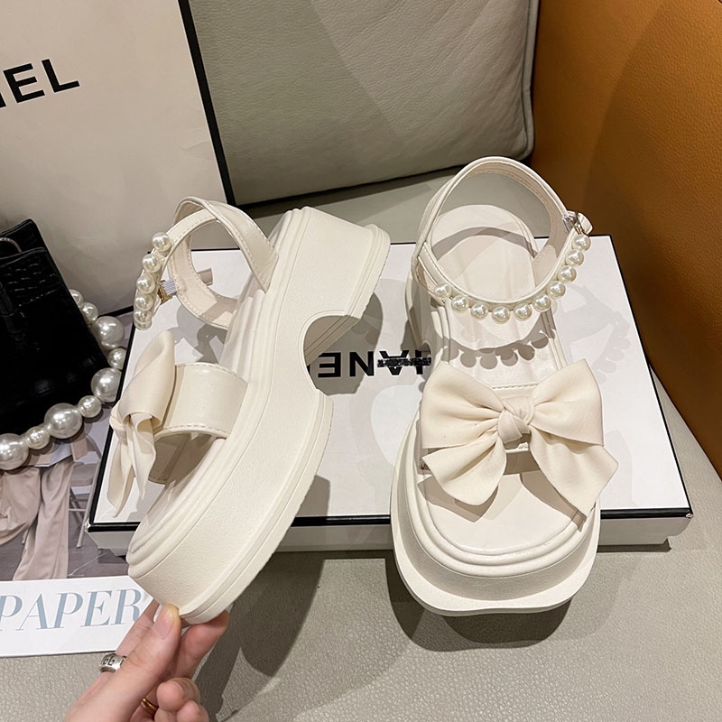 Giày xăng đan IELGY thắt nơ đính ngọc trai nhân tạo thời trang dành cho nữ