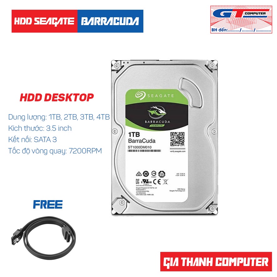 Ổ Cứng HDD 1TB | 2TB Seagate Barracuda New Bảo Hành 24 Tháng Chính Hãng (Tặng Cáp SATA III)