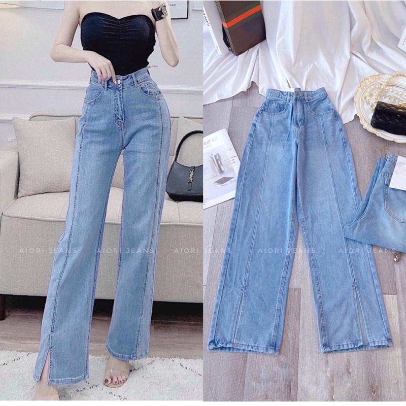 Quần Jean Nữ AIORI Ống Rộng Lưng Cao Trơn Xẻ Lai Jeans Ống Suông Cạp Cao Cotton Mềm Mịn, Thời Trang Hàn Quốc_AF3391
