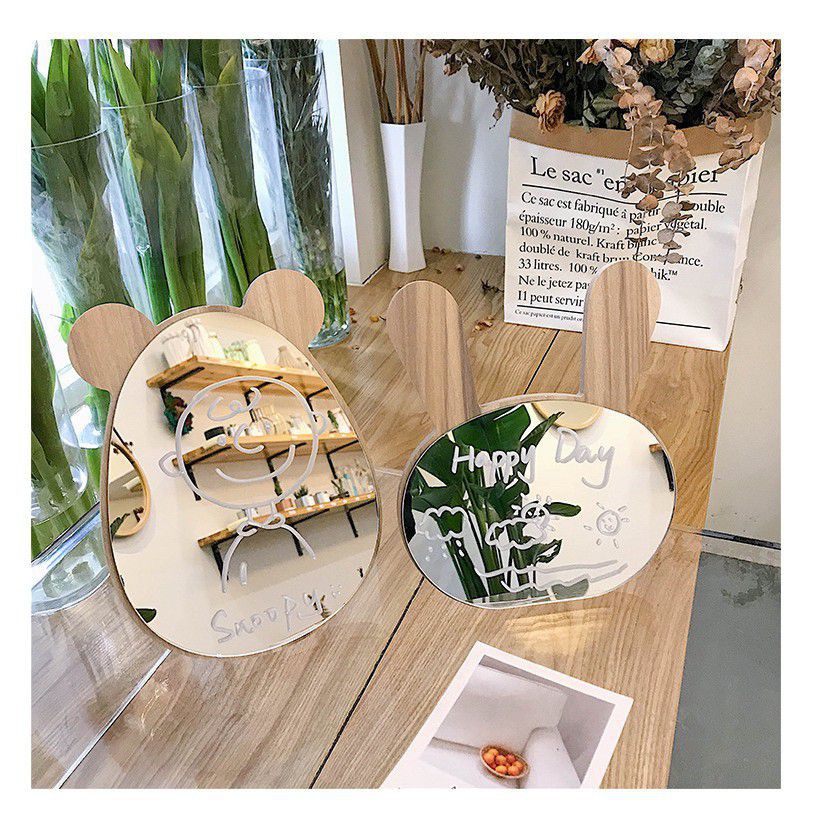 Gương gỗ để bàn trang điểm tai thỏ và tai gấu có đế đỡ cute