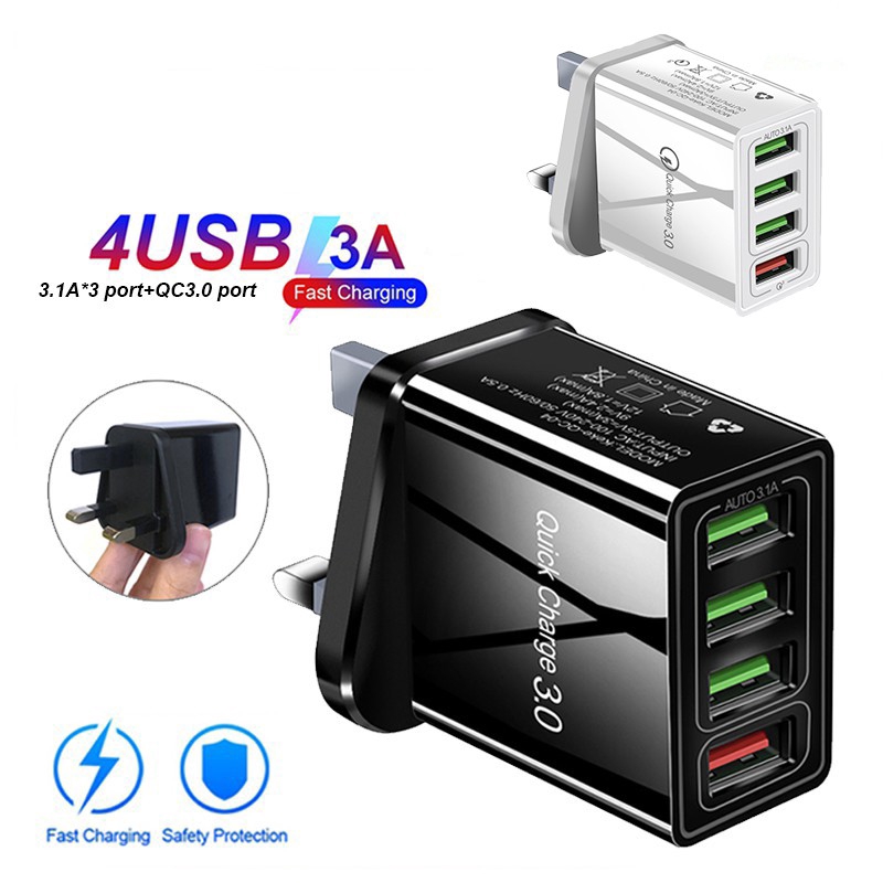 Sạc Dự Phòng Quick 3.0 Wall 4 Port USB Fast Charging Portable Adapter Multi-port British Regulations, Multi-USB Mobile Phone Travel Charger Sạc Iphone Android Type C