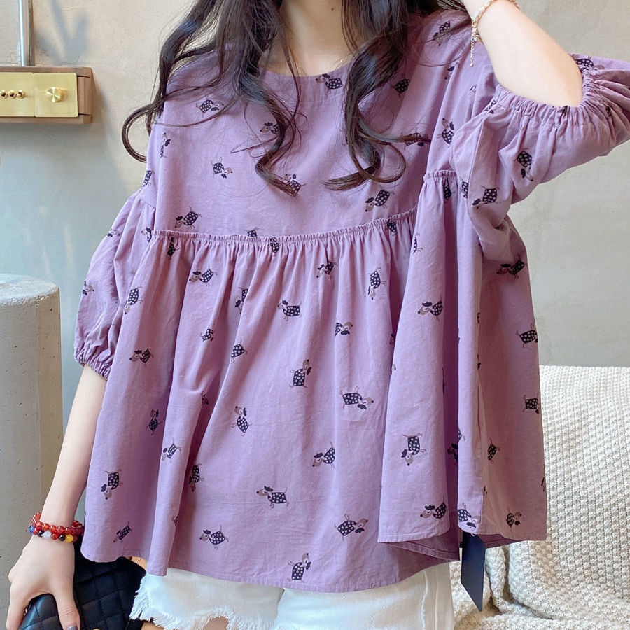 Áo Sơ Mi Cổ Tròn Tay Phồng Bằng Vải Lanh Cotton Họa Tiết Hoa Chấm Bi Phong Cách Mới Thời Trang Mùa Hè Dành Cho Nữ 2022