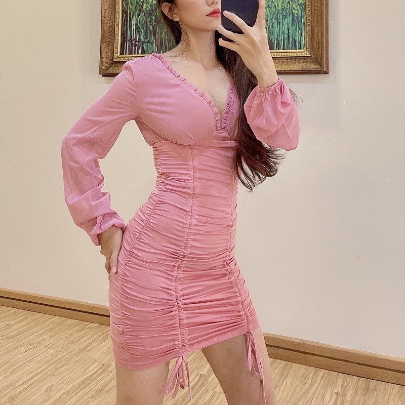 (V-Chang House) Đầm thun cổ V phối tay voan dài (Hình thật của shop)