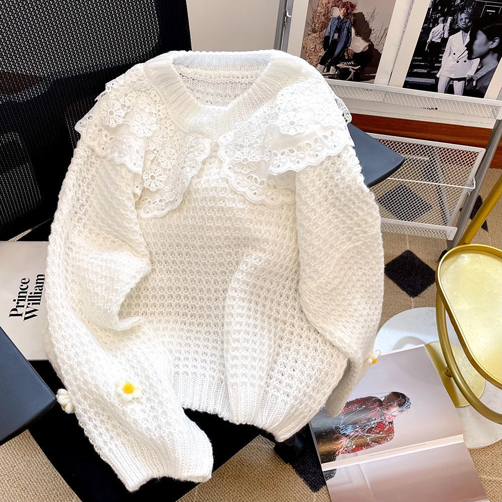 Áo sweater Cổ Búp Bê Phối Ren Rỗng Thiết Kế Thanh Lịch Cho Nữ