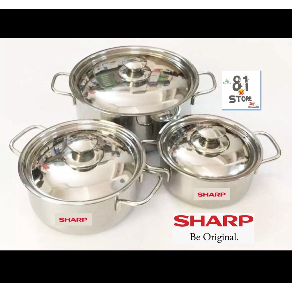 [SALE] Bộ 3 nồi inox SHARP nắp inox 24cm 20cm 16cm dùng dược bếp từ và mọi loại bếP