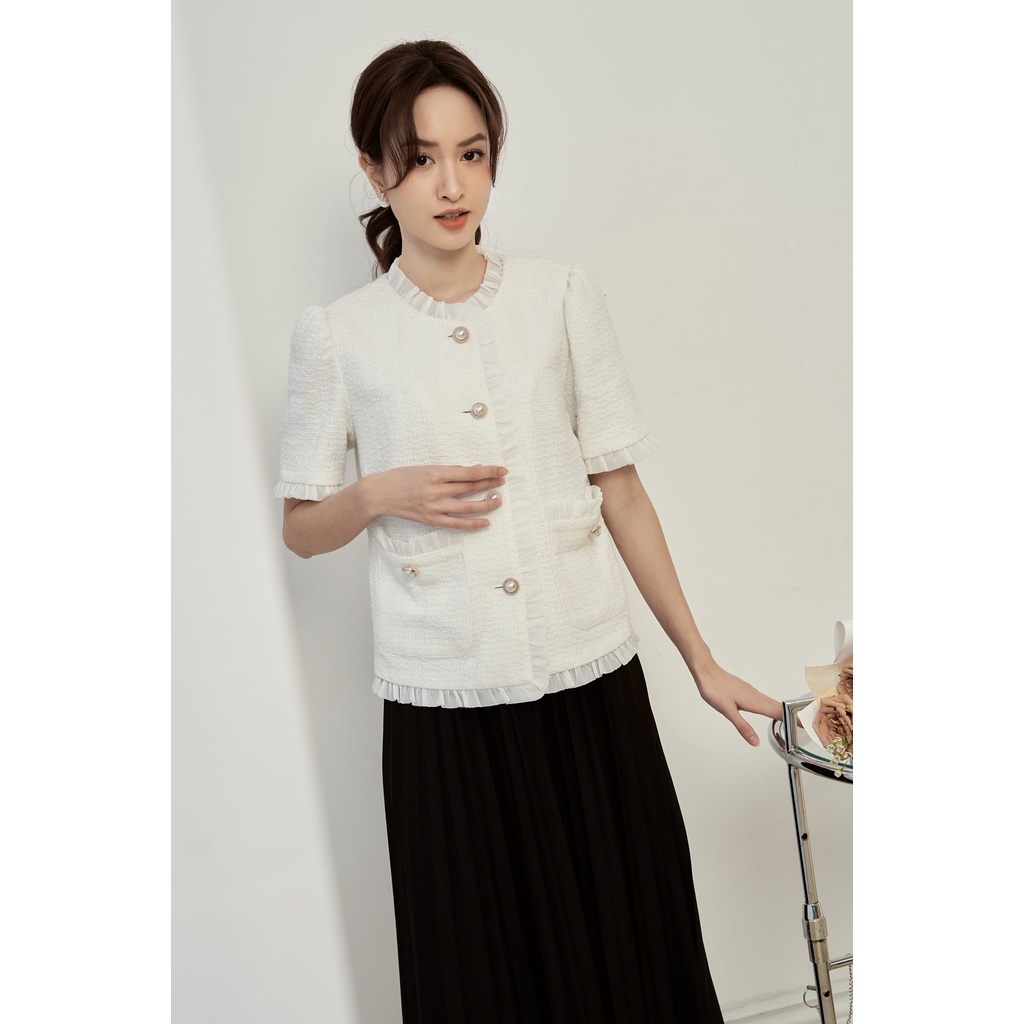 Áo dạ tweed cộc tay viền bèo 2 túi TIINSTORE ADK241 | BigBuy360 - bigbuy360.vn