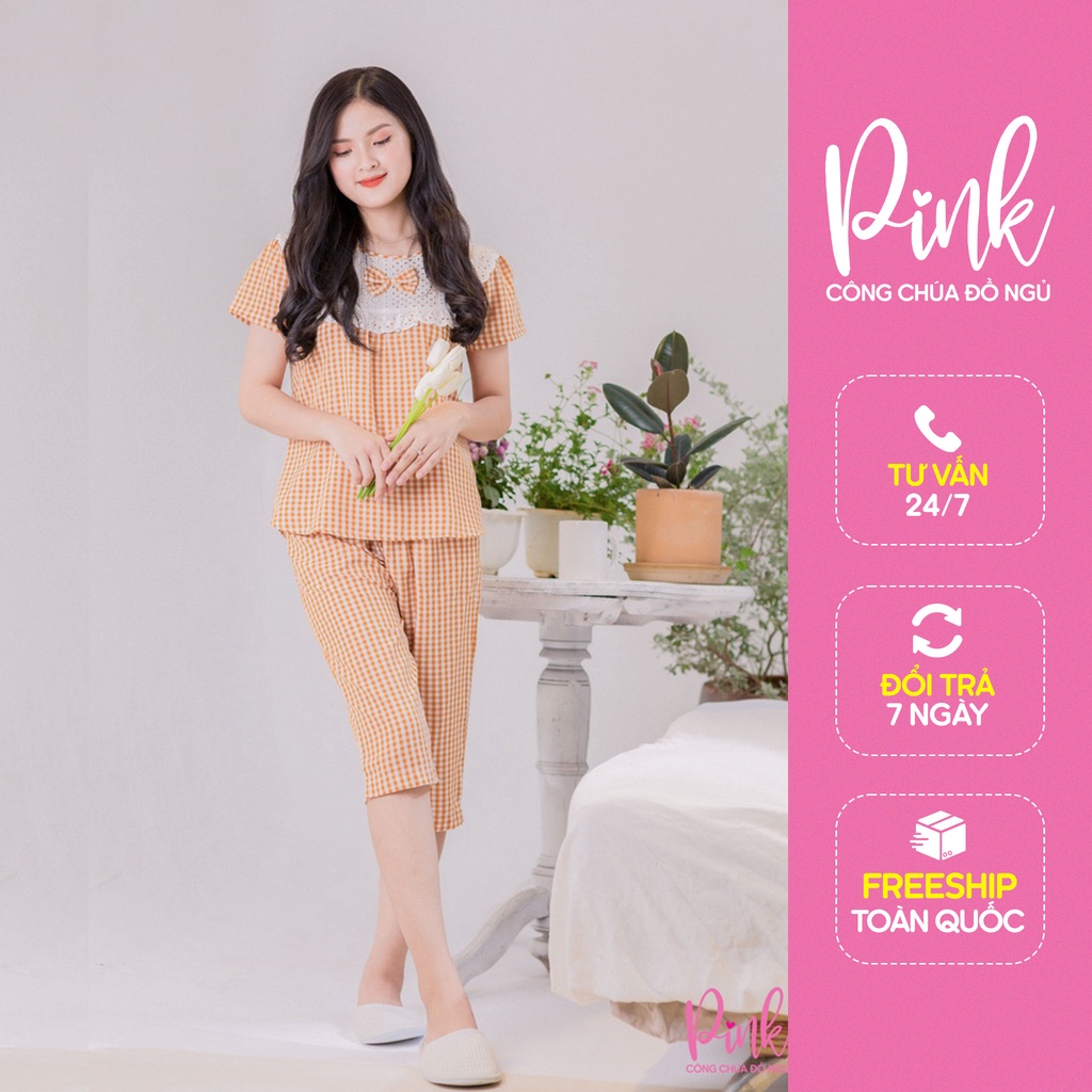 Pijama Ngủ Caro Màu Cam Tay Ngắn Vải Kate Siêu Cấp Đồ Ngủ Nữ Thoáng Mát Phong Cách Trẻ Trung Thanh Lịch Nữ Tính