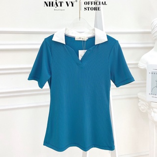 Áo Nữ NHẬT VY Đi Chơi Cổ V Phối Trắng Dáng Ôm Chất Thun Sọc Tăm Màu Đen,Trắng,Nude,Xanh Dương,Rêu,Bơ,Hồng,Vàng - D2490