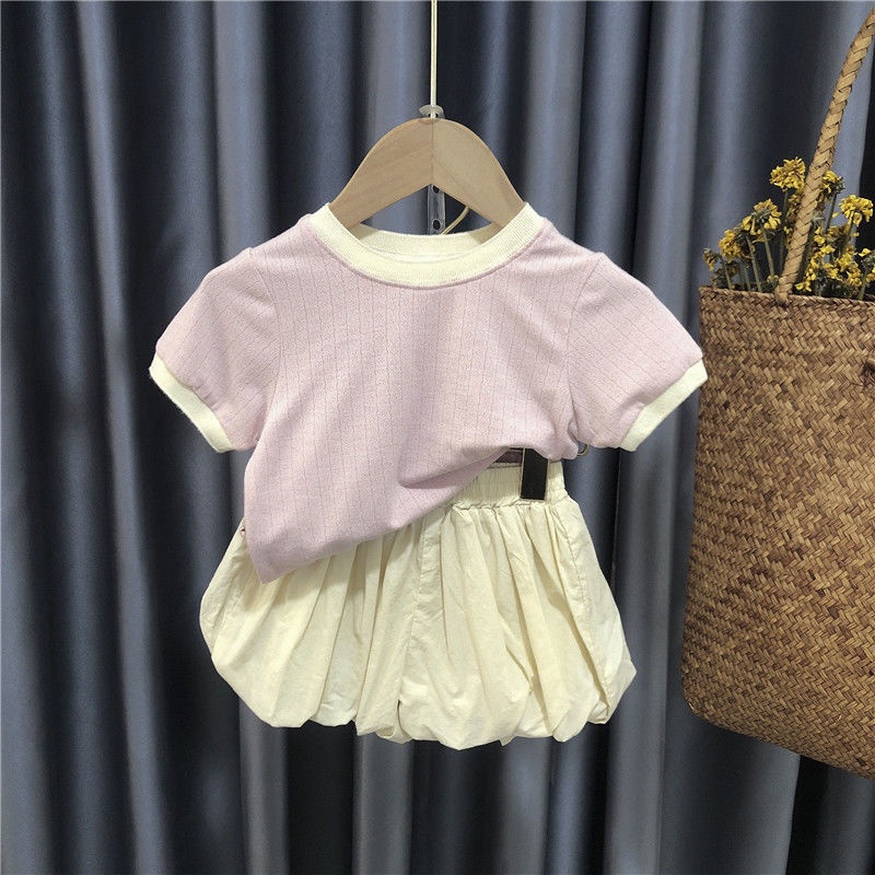 Set Áo Thun Tay Ngắn Phồng Màu Trơn Phối Chân Váy Thời Trang Hè Hàn Quốc 2023 Mới Cho Bé Gái
