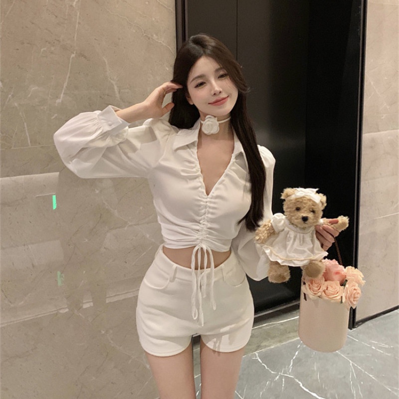 Áo Sơ Mi Chiffon Tay Dài Cổ V Phối Dây Rút Thời Trang Dành Cho Nữ