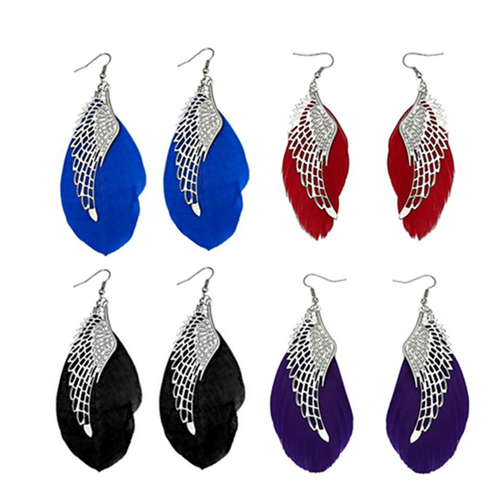 Khuyên tai làm thủ công bằng lông vũ phối mặt hình đôi cánh kim loại