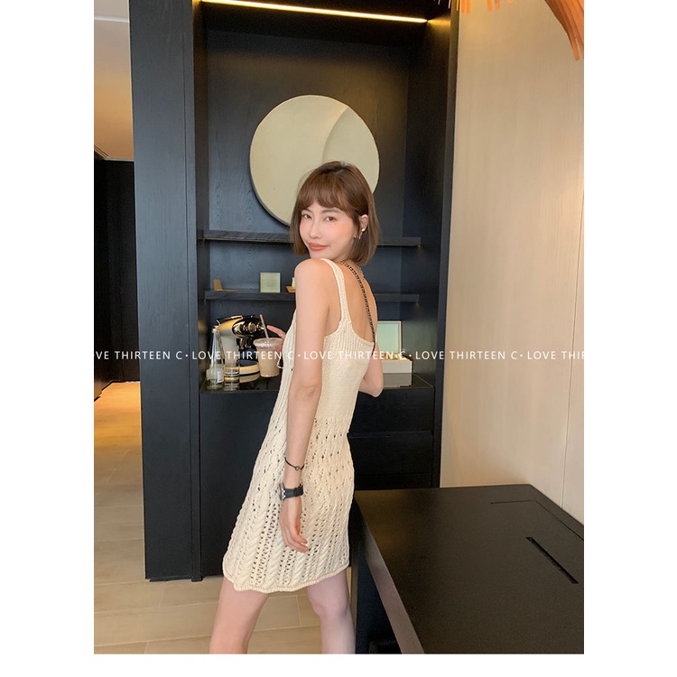 Knitted suspender dress in early spring new style folded and hollowed-out short skirt with a sense of niche design