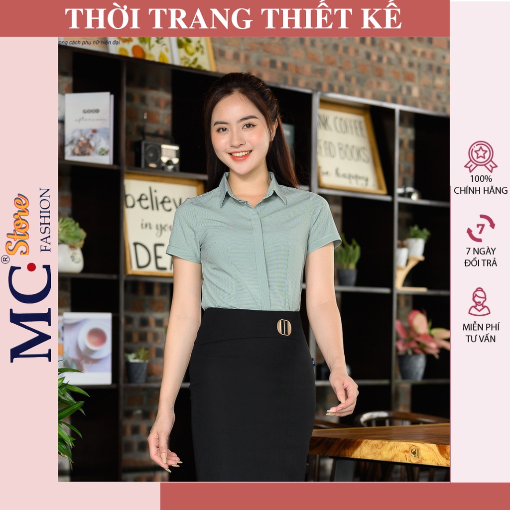 Áo Sơ Mi Nữ Đẹp Mc Fashion Màu Xanh, Hồng A645, Cam, Nâu Tây, Kẻ Sọc Caro, Tay Ngắn Cộc, Dáng Công Sở