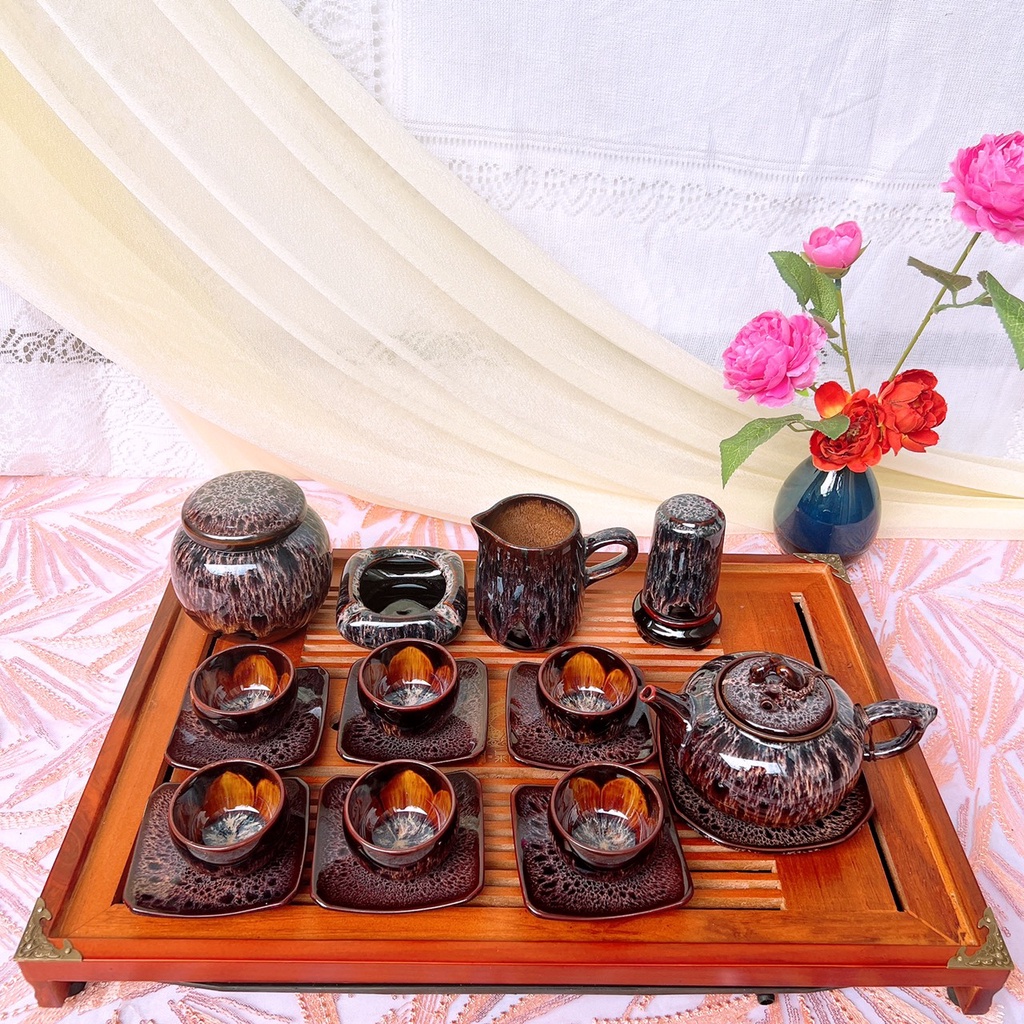 Bộ Ấm Chén 🎁 Gốm Sứ Bát Tràng 🎁 Bộ Ấm Trà Quai Sứ Cẩm Lai Đỏ Đẹp Decor Gomphuquy Hn20