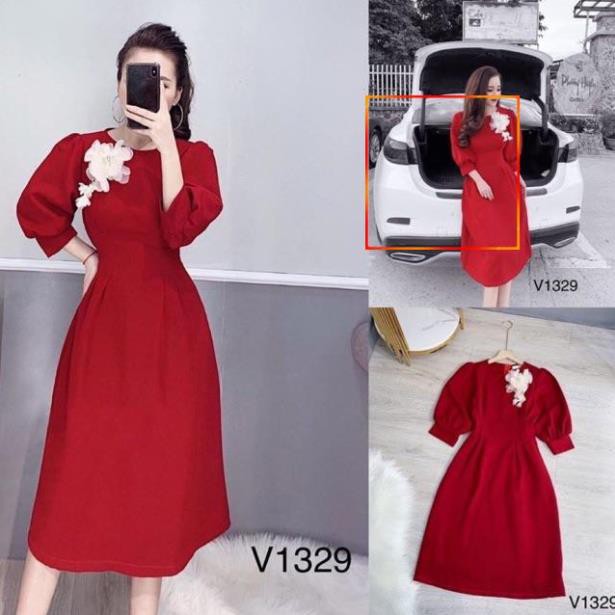 Đầm đỏ hoa trắng dáng xòe hoa nơ, Váy nhung cao cấp tay phồng thắt eo thời trang diên tết
